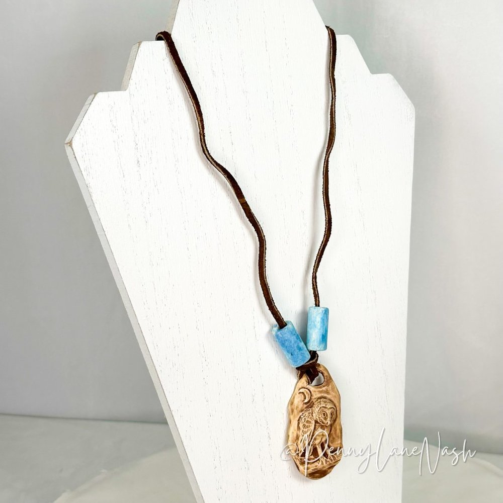 Vintage Owl Stone Etched on Burlap w/ Blue Stones Necklace - Picture 4 of 6